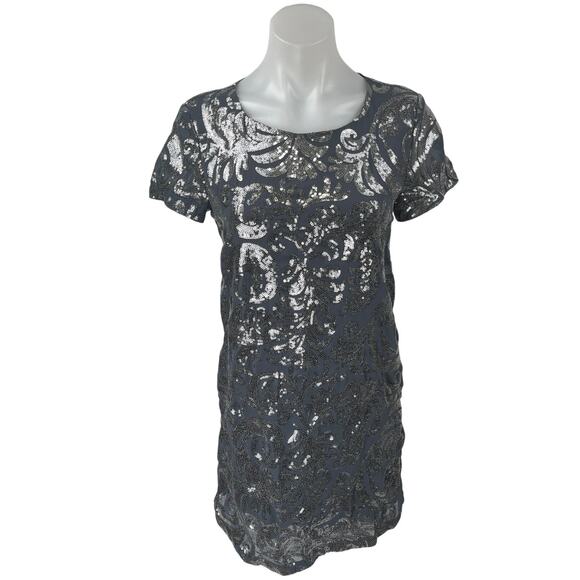 ONLY Women's Gray Blue Sequin Embellished Short Sleeve Mini Shift Dress Size S - Picture 1 of 5